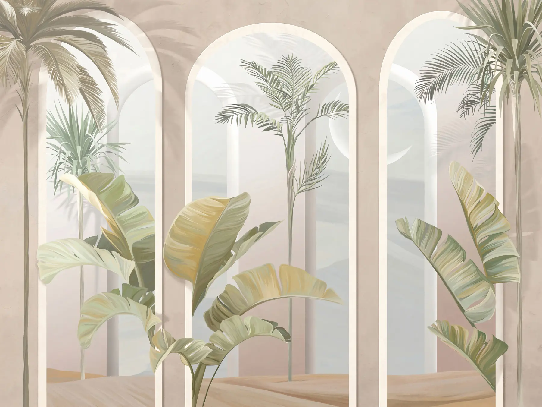 murales Hojas tropicales en 3D con palmeras y columnas u96402
