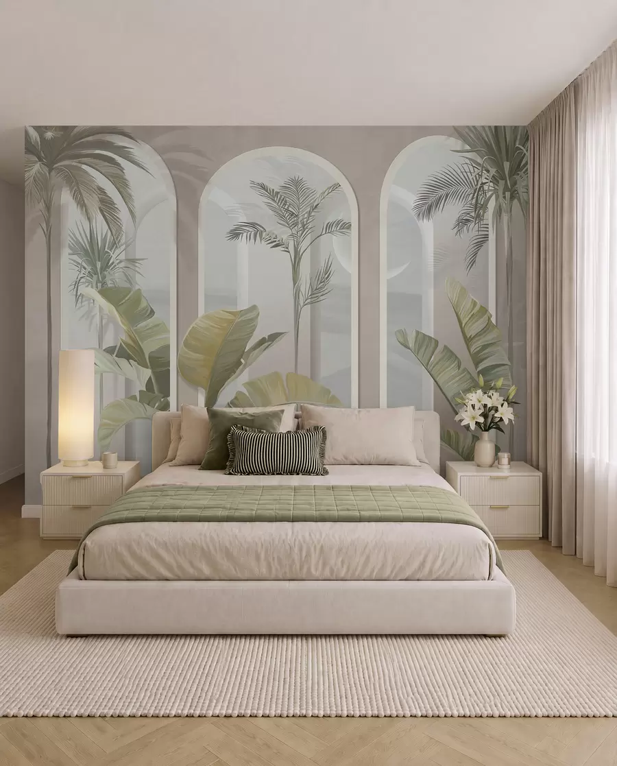 peintures murales Feuilles tropicales en 3D avec palmiers et colonnes u96402