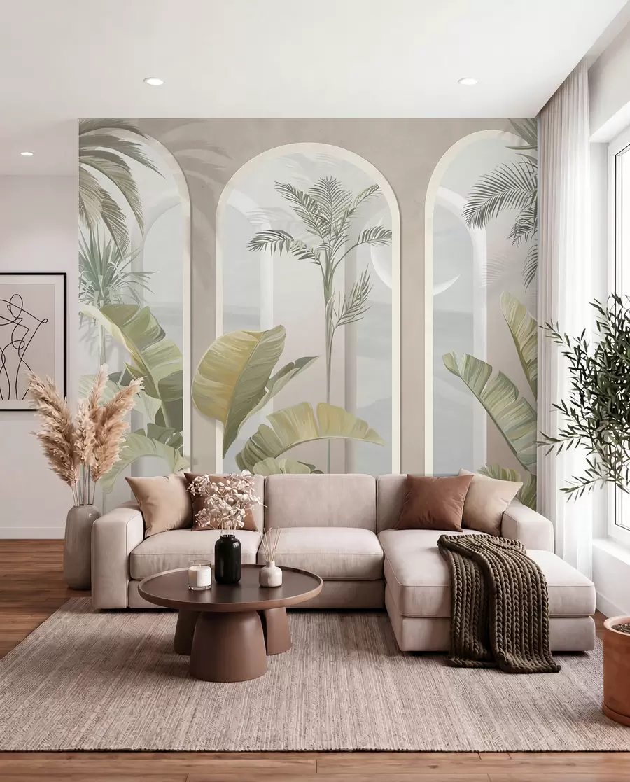 wall murals Tropical 3D leaves with palms and columns u96402