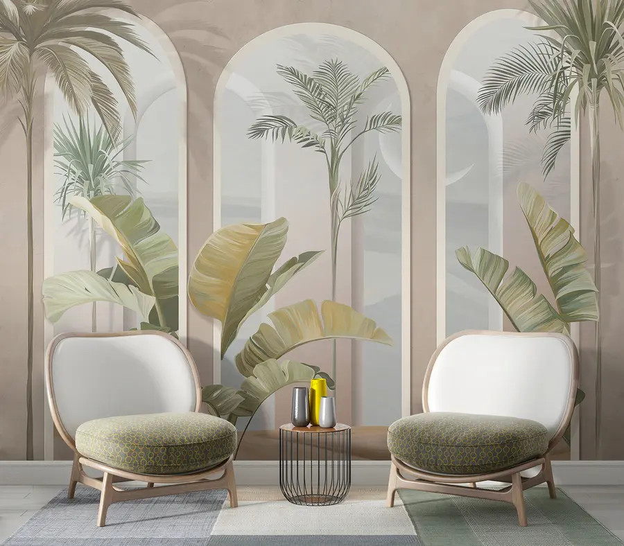 Wall Mural Photo Wallpaper Tropical 3D leaves with palms and columns u96402