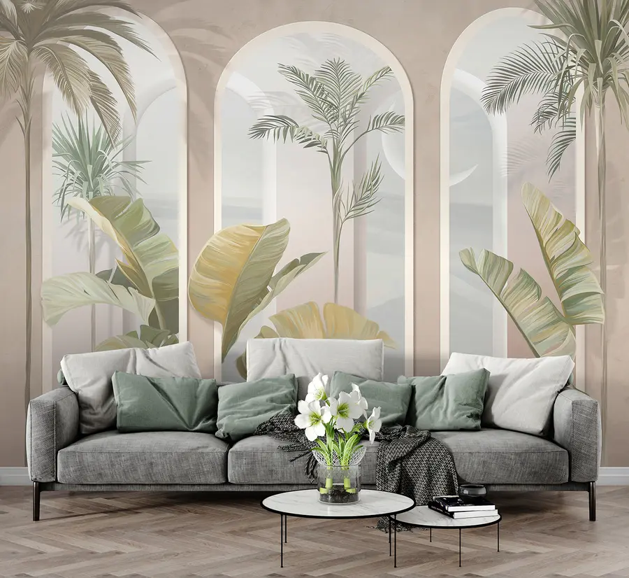 murales Hojas tropicales en 3D con palmeras y columnas u96402