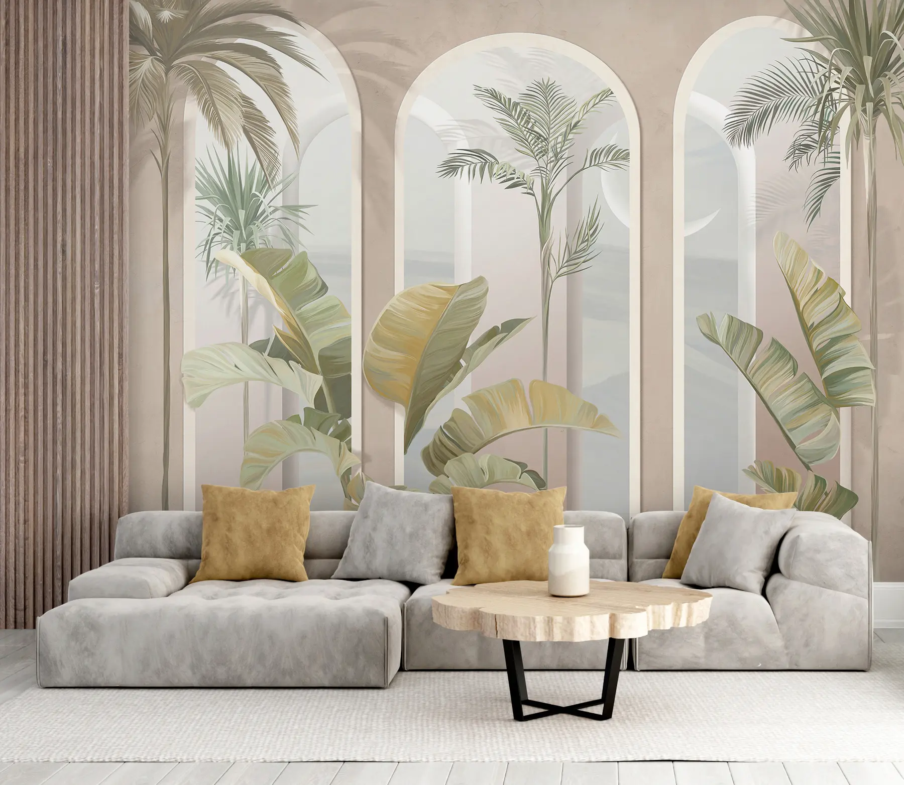murales Hojas tropicales en 3D con palmeras y columnas u96402