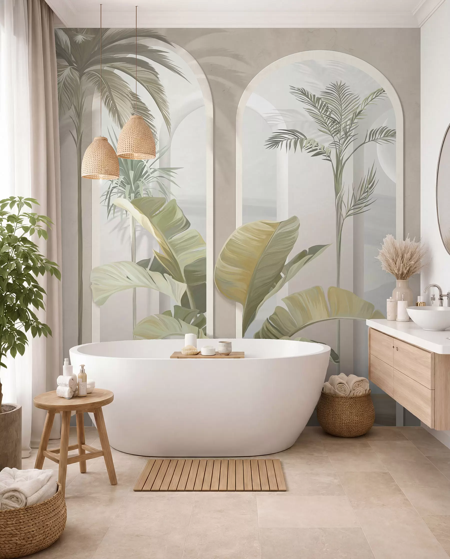 wall murals Tropical 3D leaves with palms and columns u96402