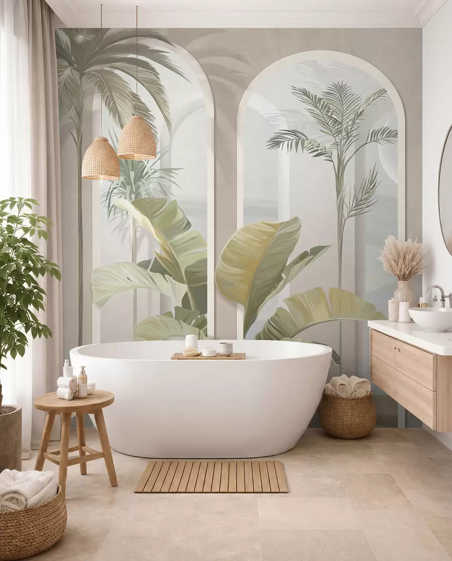 wall murals Tropical 3D leaves with palms and columns u96402