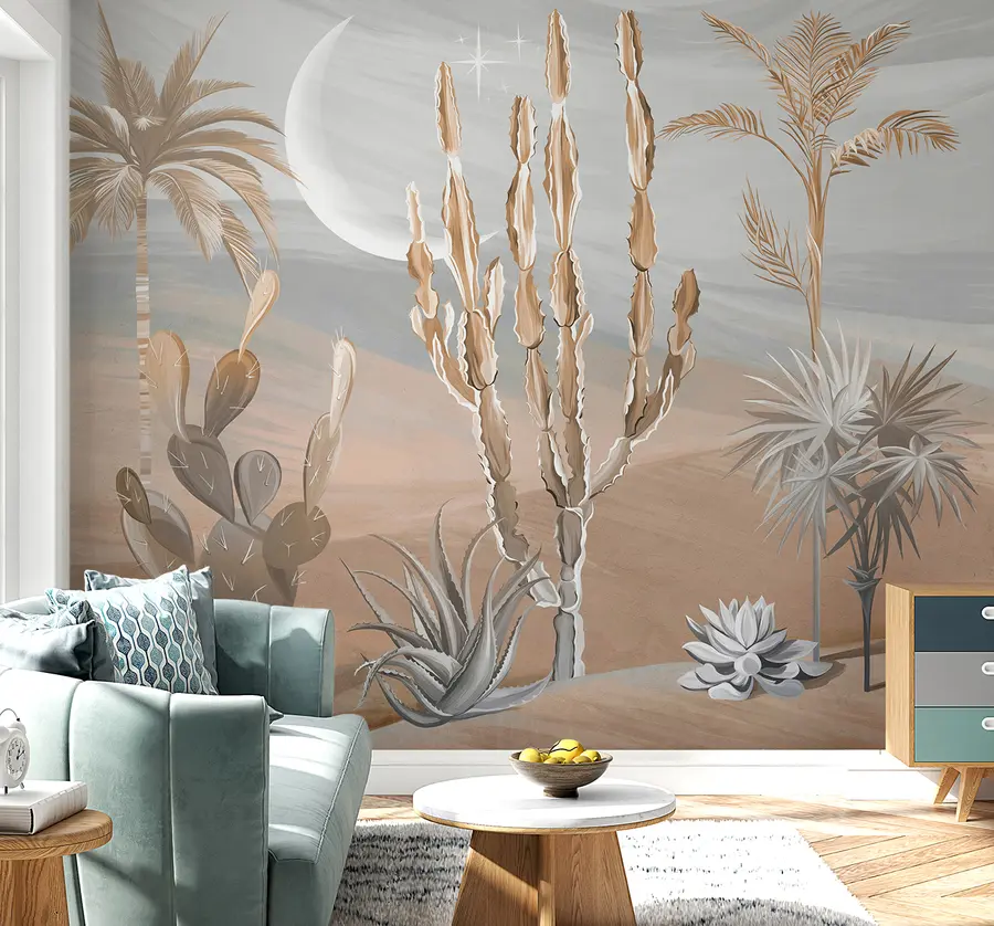 murais de parede Deserto 3D com cactos e folhas tropicais u96444