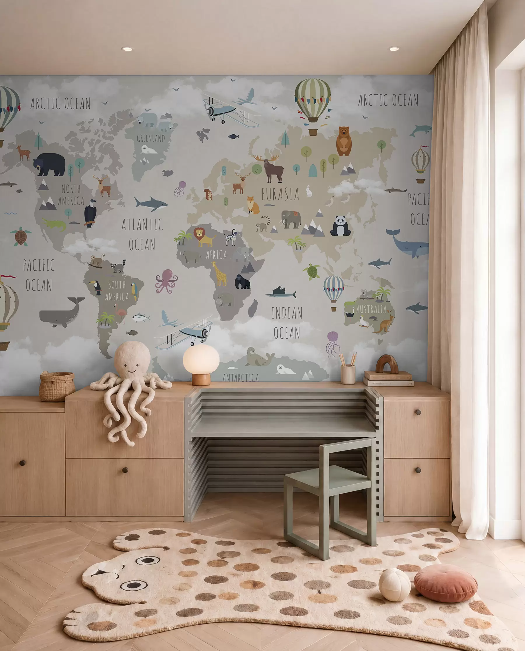 Wall Mural Photo Wallpaper World map with animals and balloons u96461