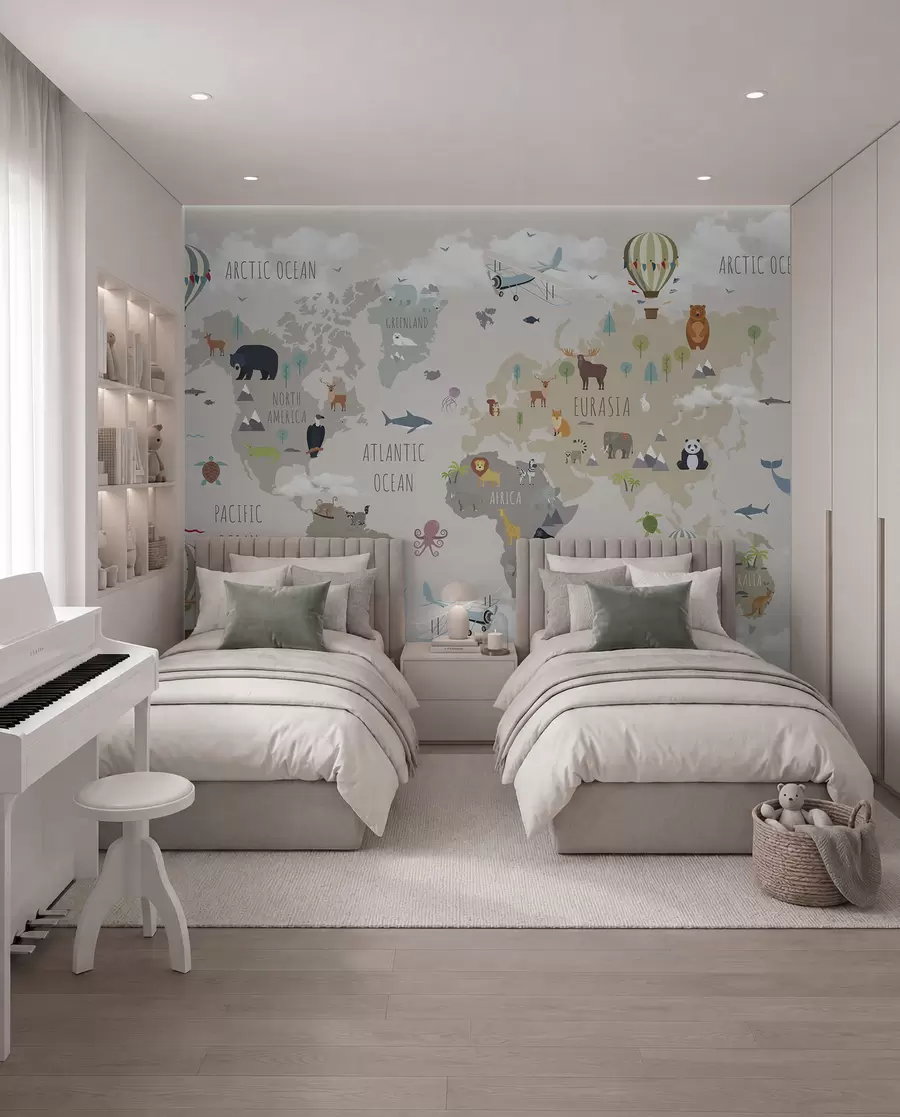murales Mapamundi con animales y globos u96461