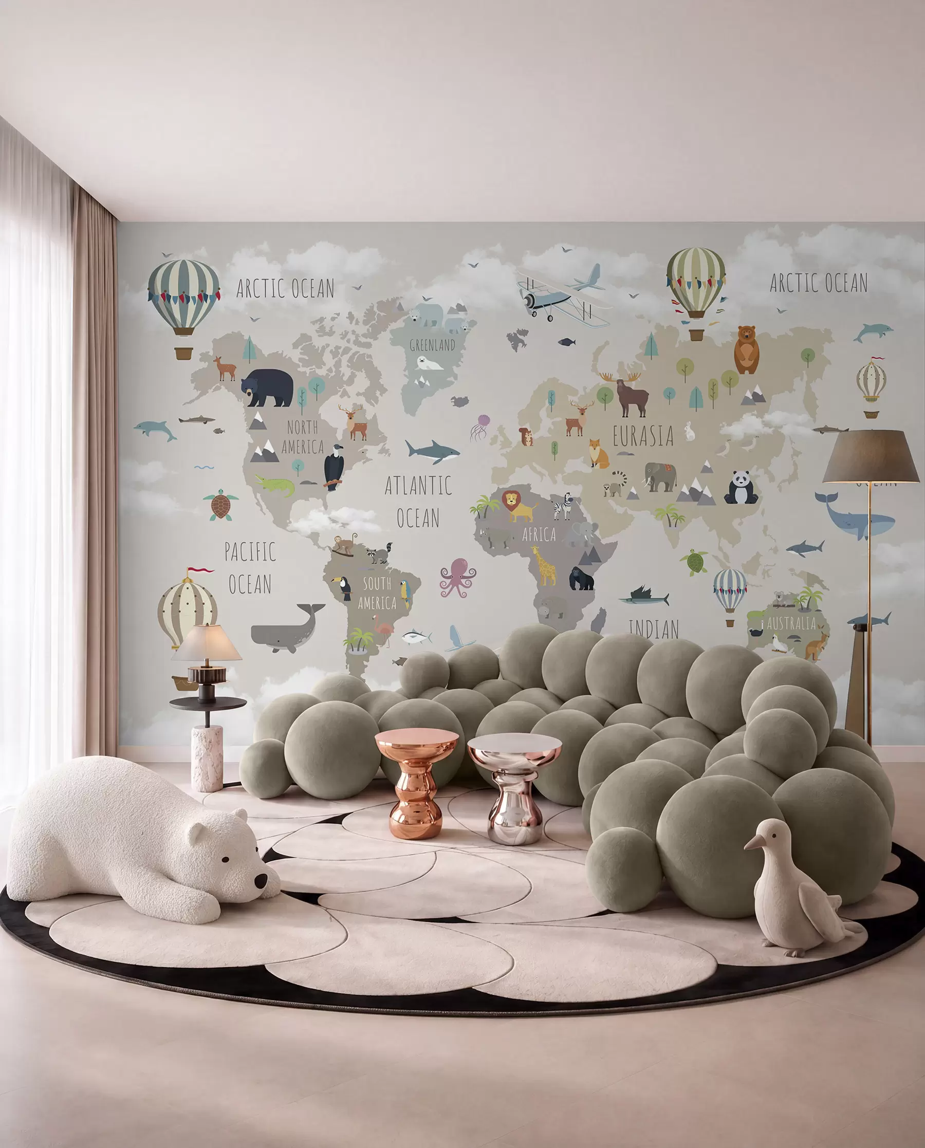 murales Mapamundi con animales y globos u96461