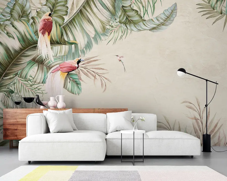 Wall Mural Photo Wallpaper Tropical plants and birds on textured background u96550