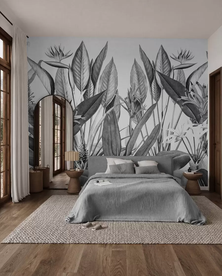 wall murals Tropical jungle plants black and white color u96833