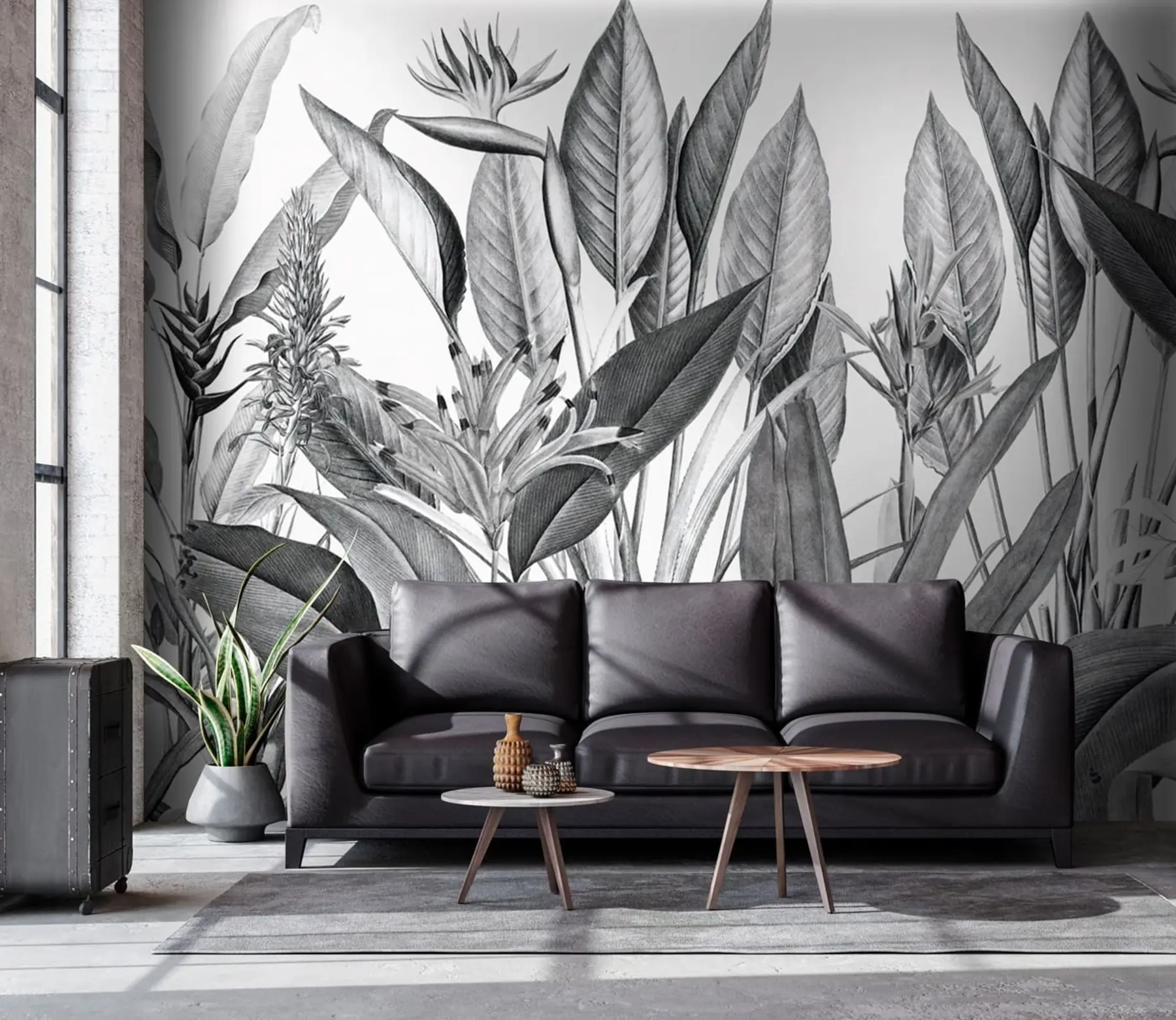 Wall Mural Photo Wallpaper Tropical jungle plants black and white color u96833