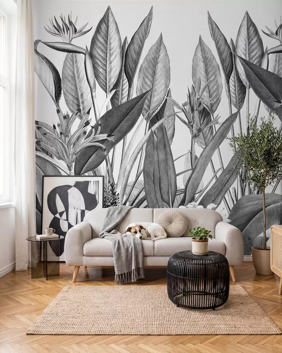Wall Mural Photo Wallpaper Tropical jungle plants black and white color u96833