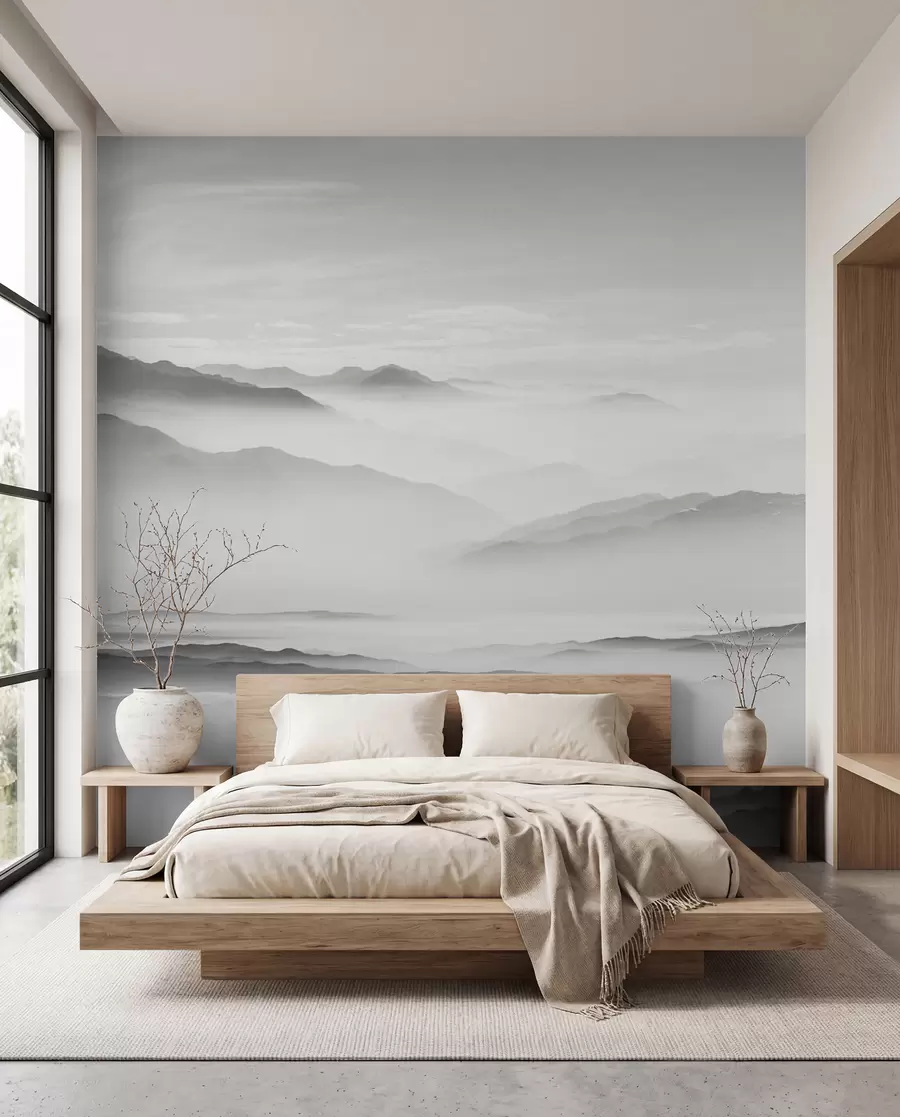 wall murals View of the gray mountains in the fog minimalism monochrome u96922