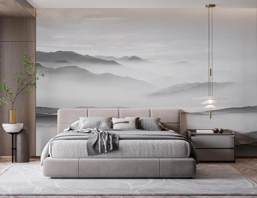peintures murales Vue des montagnes grises dans le brouillard minimalisme monochrome u96922