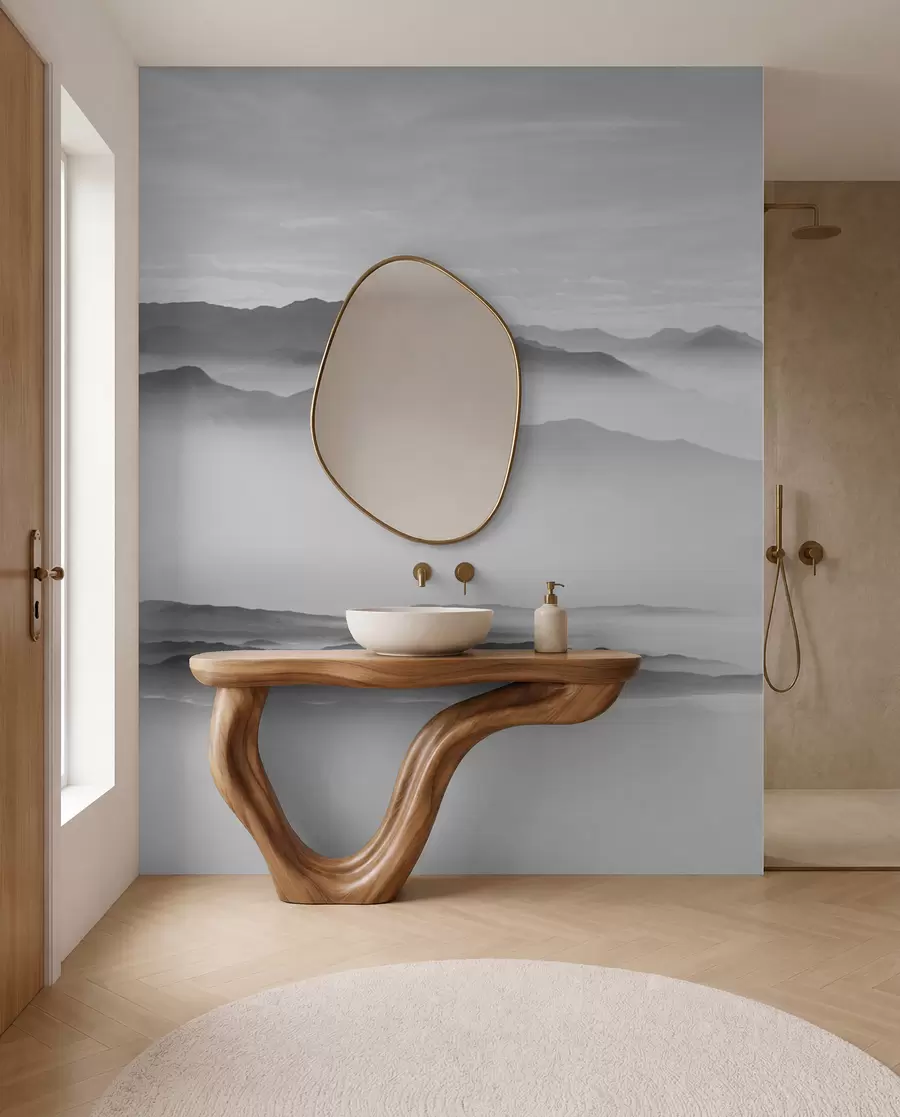 wall murals View of the gray mountains in the fog minimalism monochrome u96922