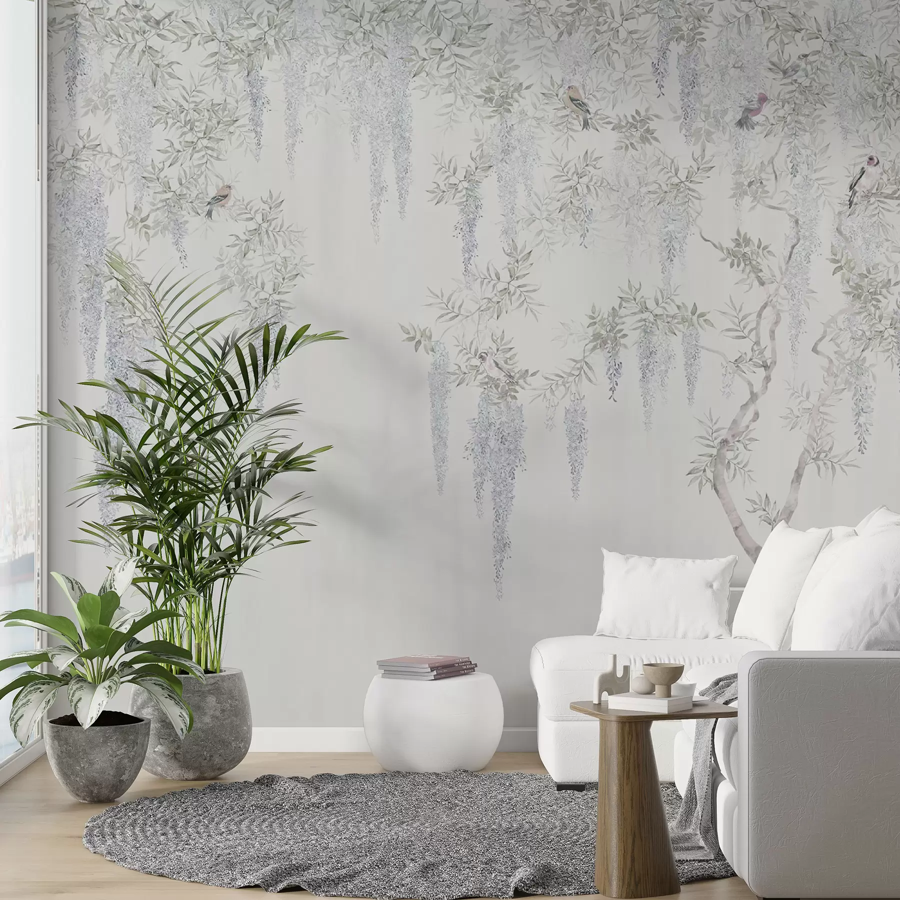 wall murals Flowers of wisteria, wisteria, minimalism, monochrome, loft and Japanese style u96928