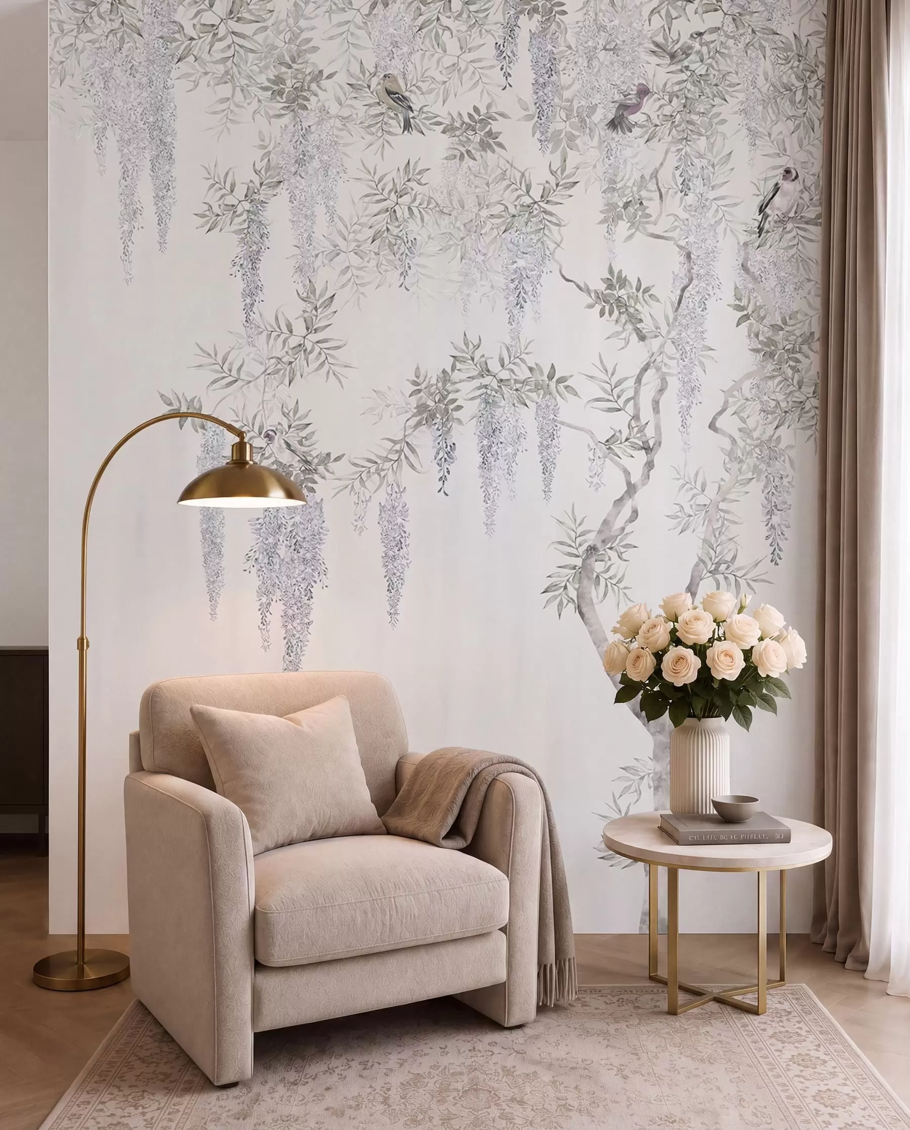 Wall Mural Photo Wallpaper Flowers of wisteria, wisteria, minimalism, monochrome, loft and Japanese style u96928