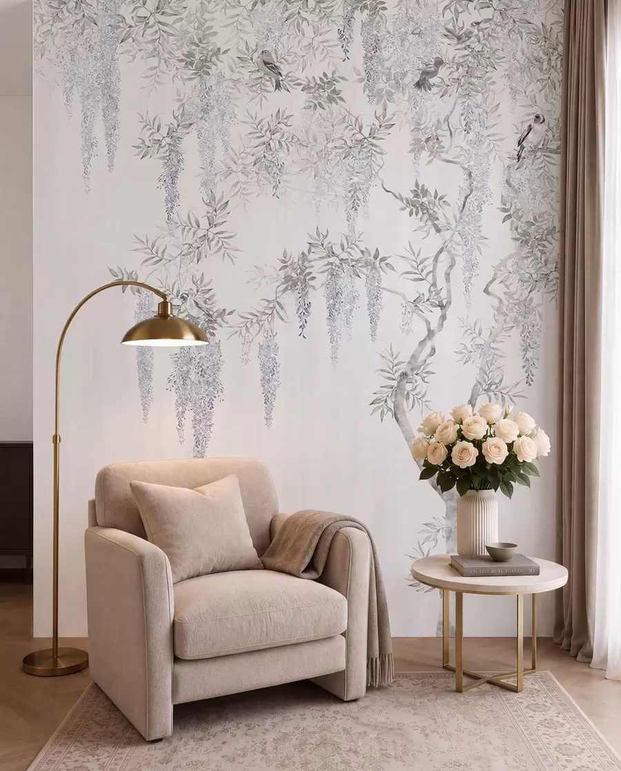 Wall Mural Photo Wallpaper Flowers of wisteria, wisteria, minimalism, monochrome, loft and Japanese style u96928