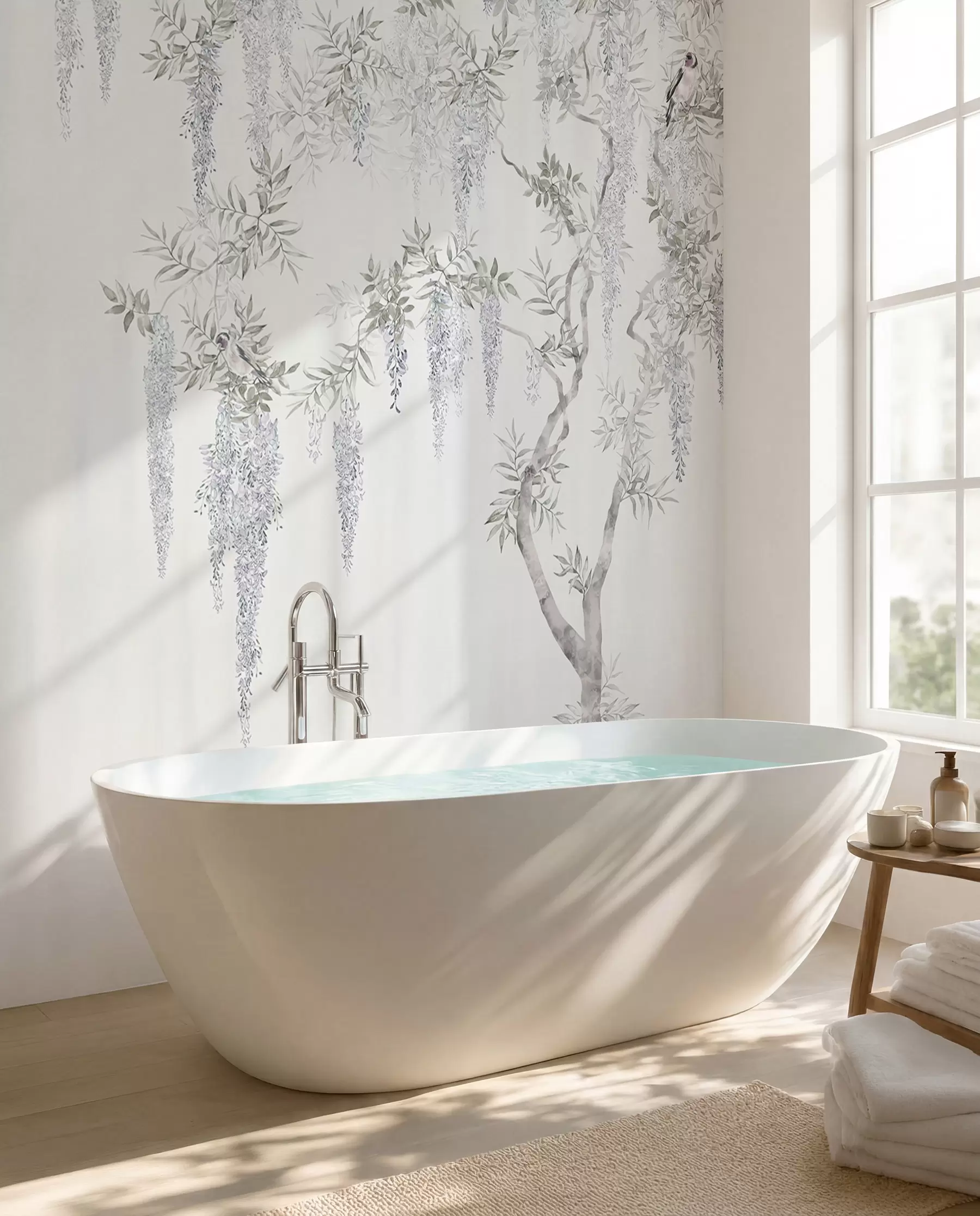 wall murals Flowers of wisteria, wisteria, minimalism, monochrome, loft and Japanese style u96928