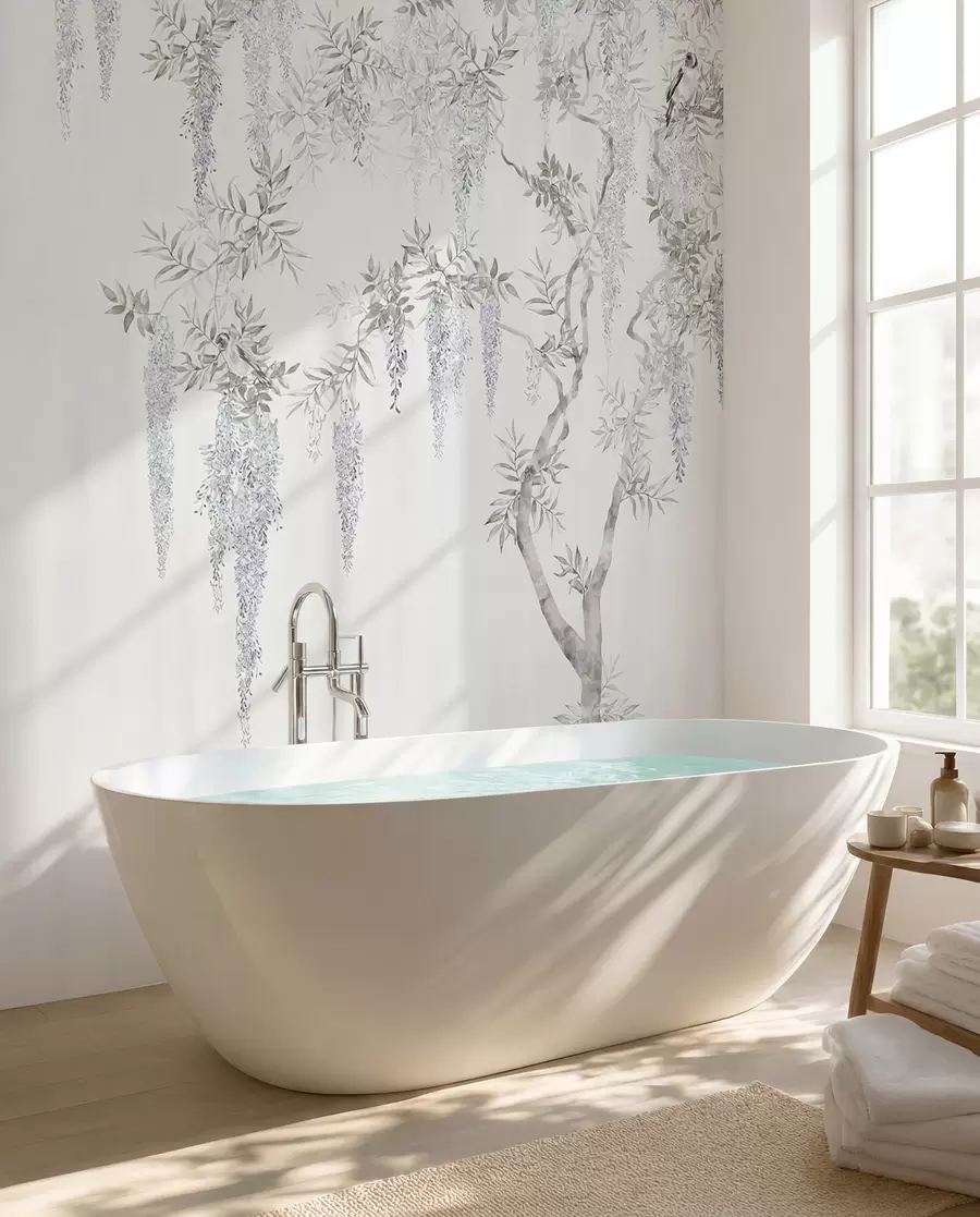 wall murals Flowers of wisteria, wisteria, minimalism, monochrome, loft and Japanese style u96928