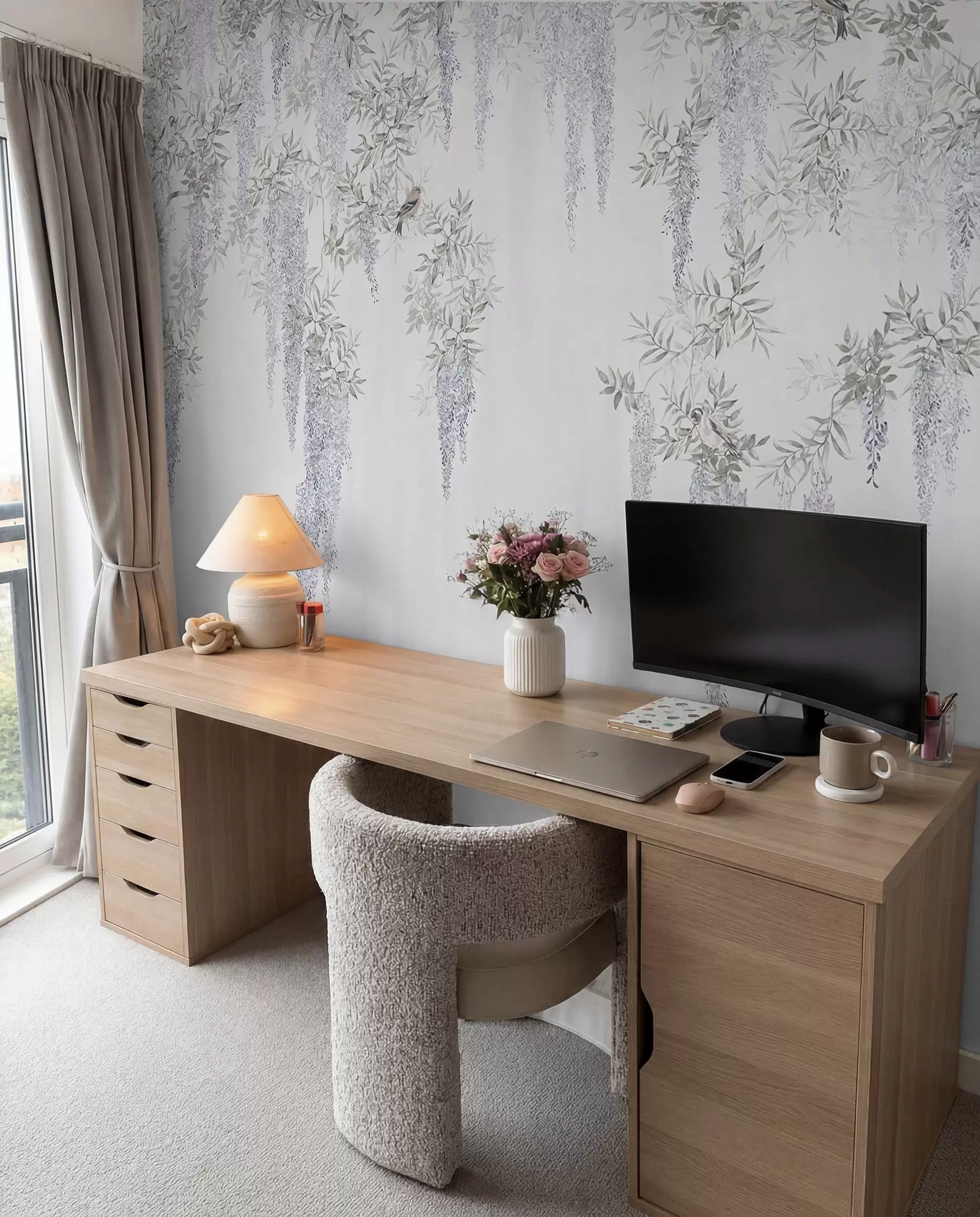 wall murals Flowers of wisteria, wisteria, minimalism, monochrome, loft and Japanese style u96928