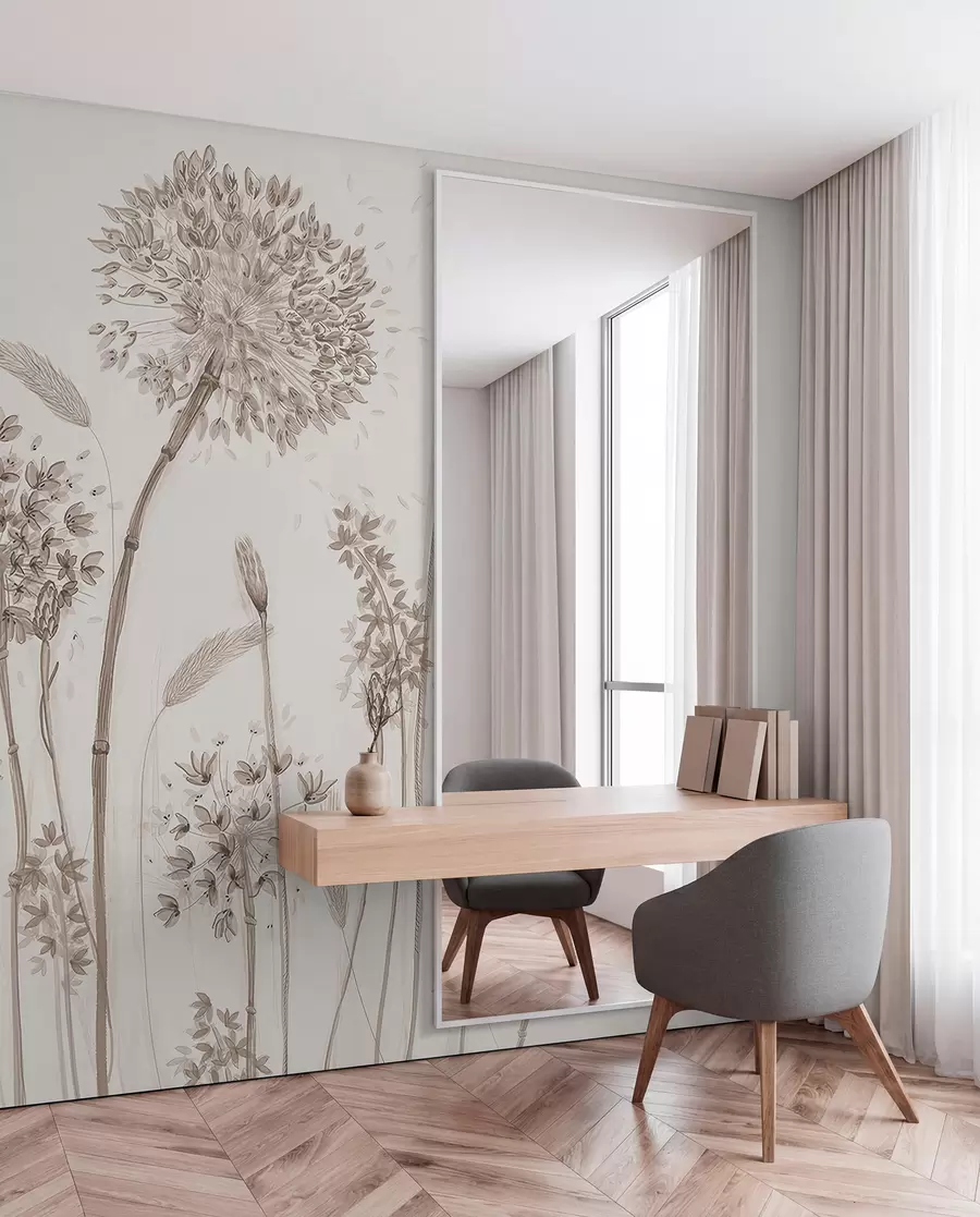 Wall Mural Photo Wallpaper Large meadow flowers of dandelions monochrome style loft minimalism u96934