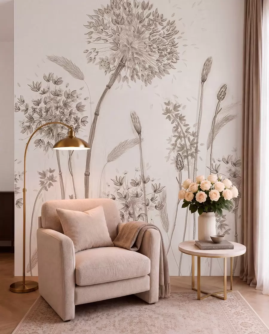 wall murals Large meadow flowers of dandelions monochrome style loft minimalism u96934
