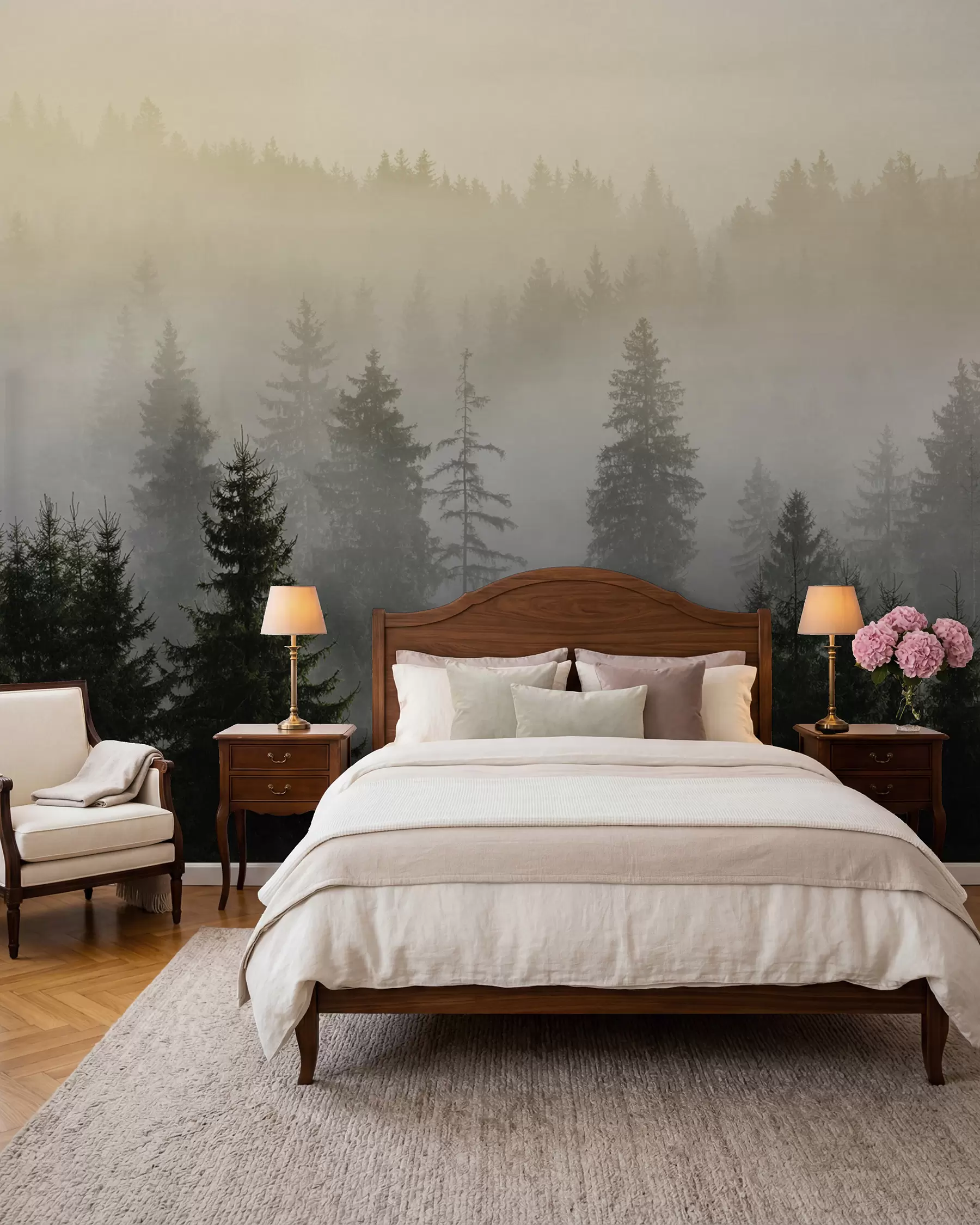 peintures murales Silhouette d'épicéa sombre entourée de brume u96999