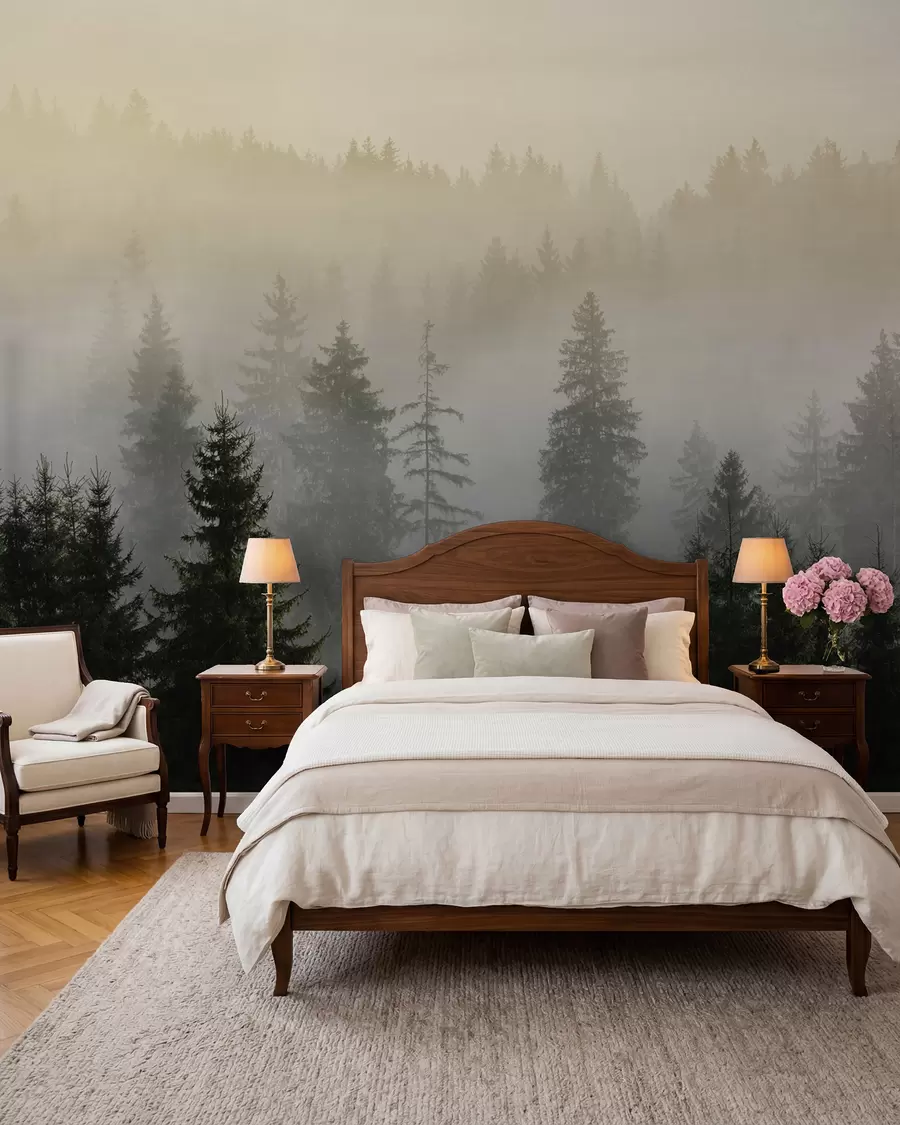wall murals Dark spruce silhouette surrounded by mist u96999