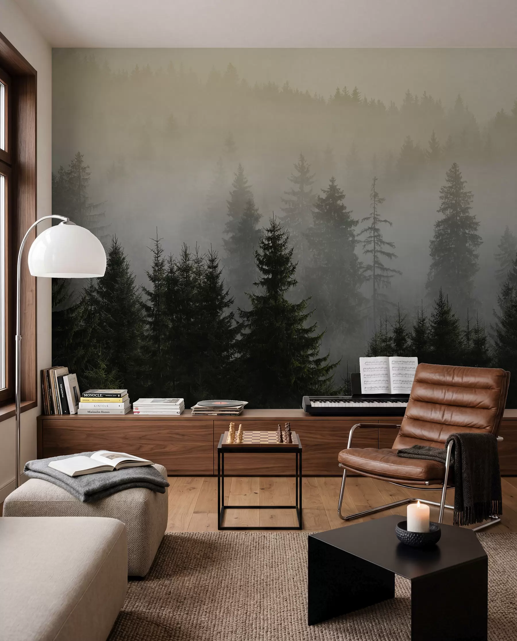 wall murals Dark spruce silhouette surrounded by mist u96999