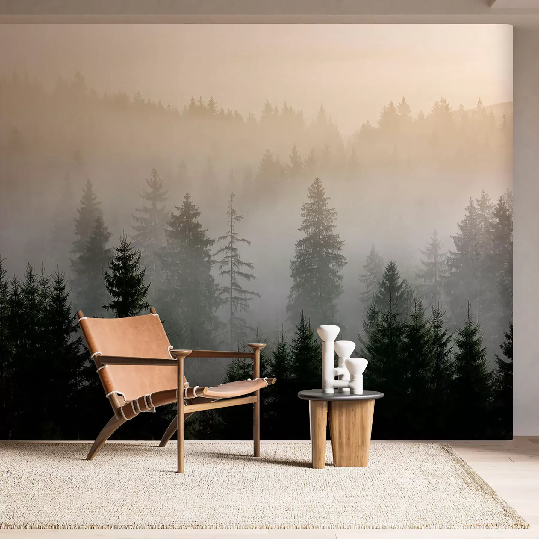 peintures murales Silhouette d'épicéa sombre entourée de brume u96999