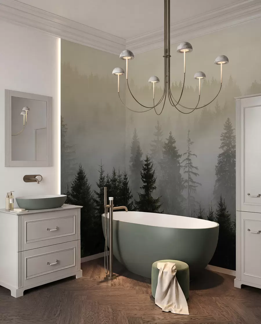 wall murals Dark spruce silhouette surrounded by mist u96999