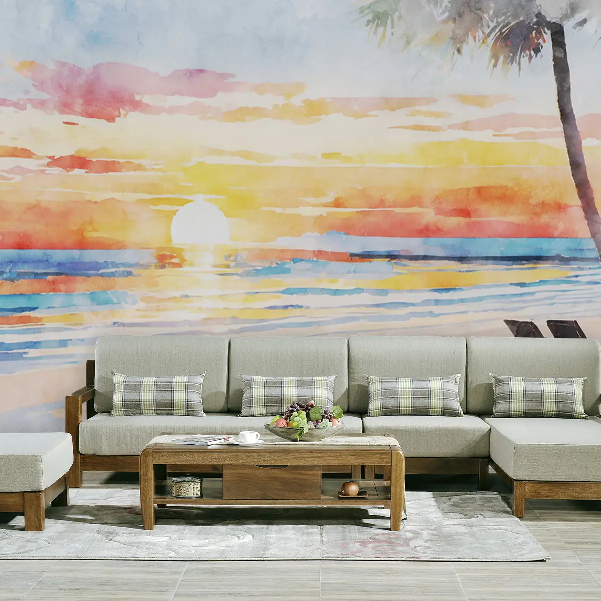 絵画 Sunset Bathtime Wall Murals Watercolor Rainbow sunset on the beach Nr
