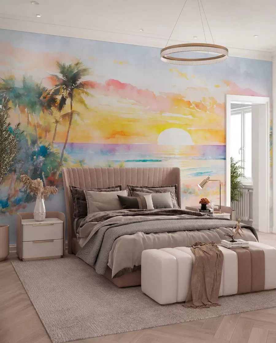 Wall Mural Photo Wallpaper Palm trees and sunset on the beach u97312