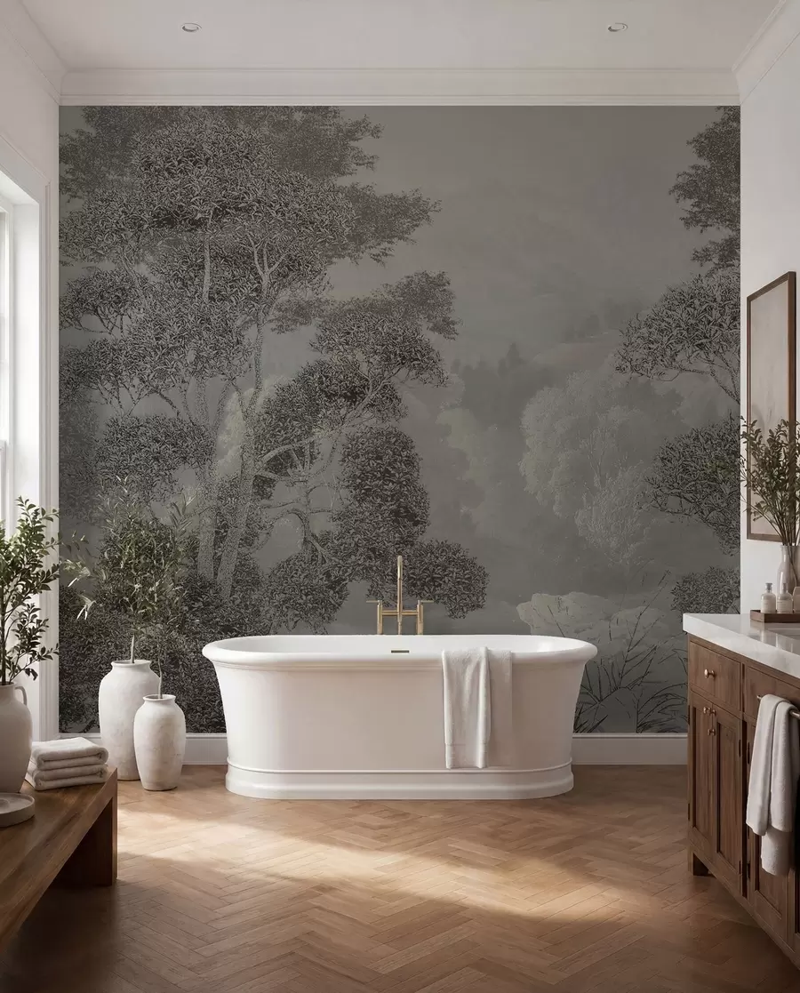 wall murals A painting of a forest on a stone wall u97401