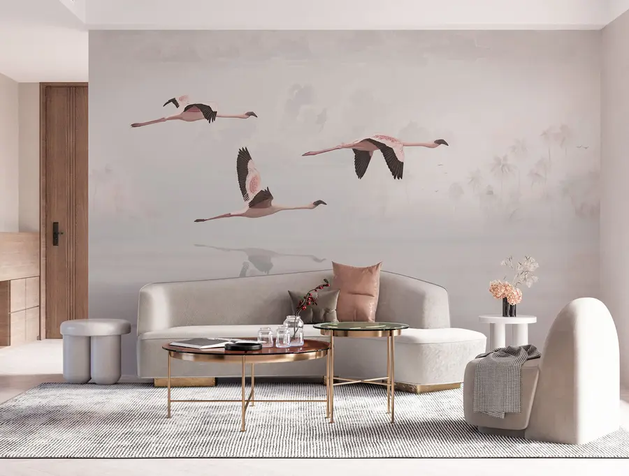 murales Flamencos rosas sobre el mar y la playa de la selva tropical u97457