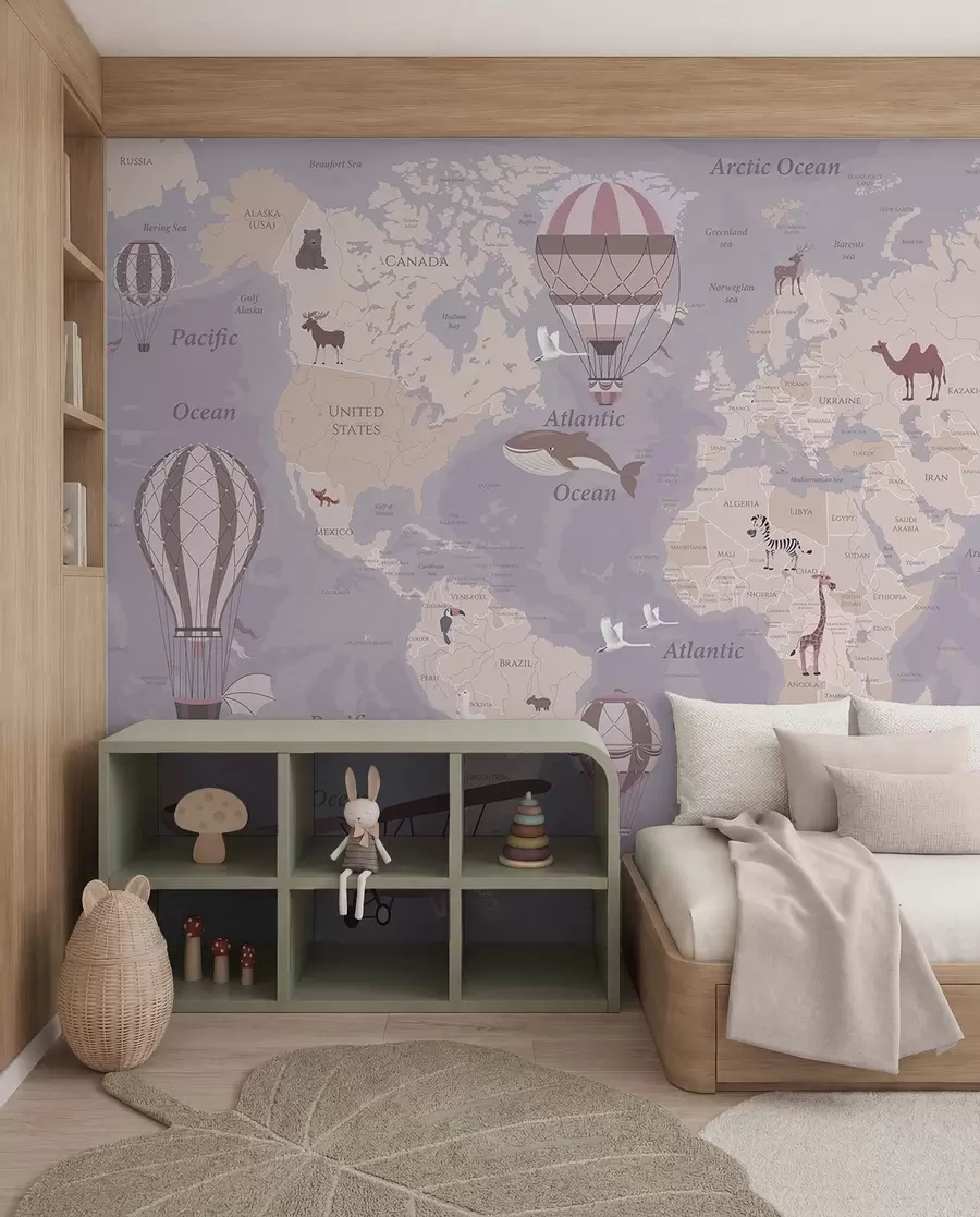 wall murals Children's world map with animals in blue u36066v3
