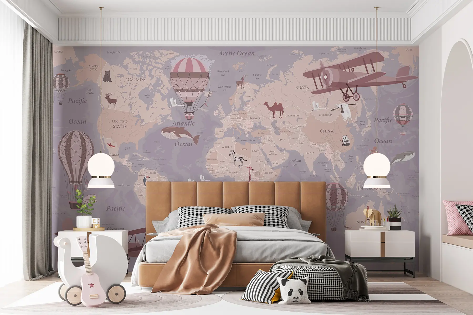 peintures murales Carte du monde pour enfants avec des animaux en bleu u36066v3