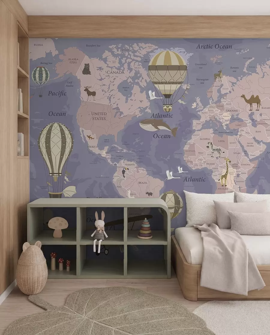 wall murals Children's world map with animals with a green tint u36066v4