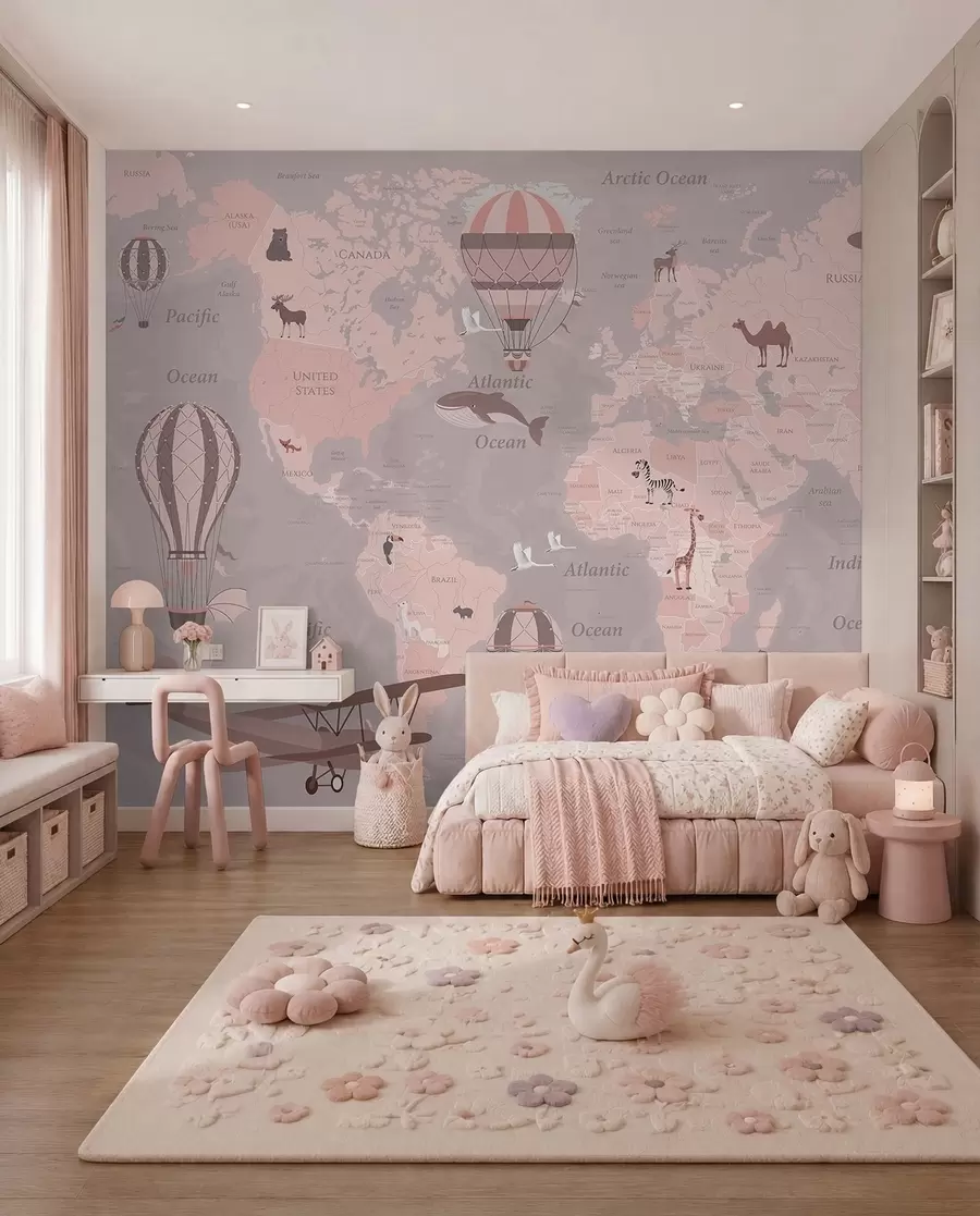 wall murals Children's world map with animals in pink u36066v6