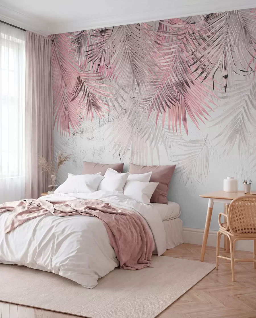peintures murales Feuilles tropicales roses en style grunge u93843v2