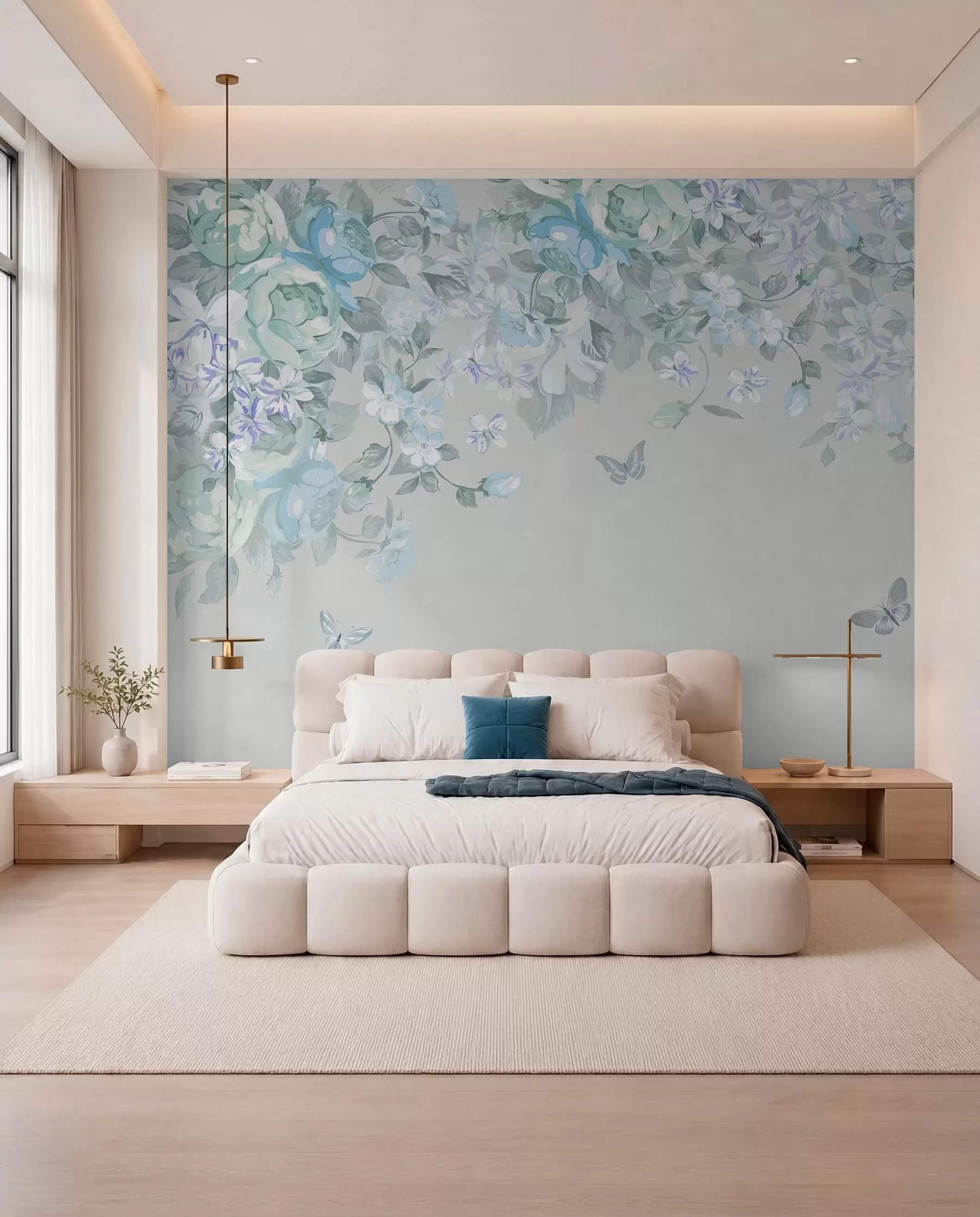 Wall Mural Photo Wallpaper Blue garden with flowers and butterflies u94295v1