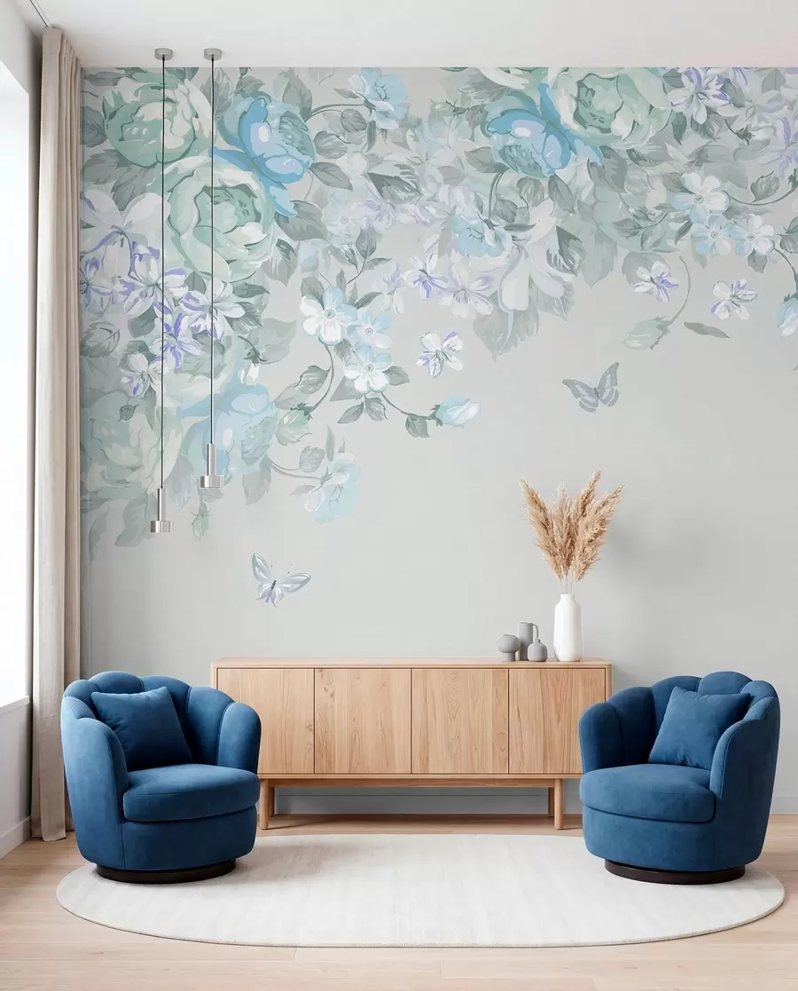 murales Jardín azul con flores y mariposas u94295v1