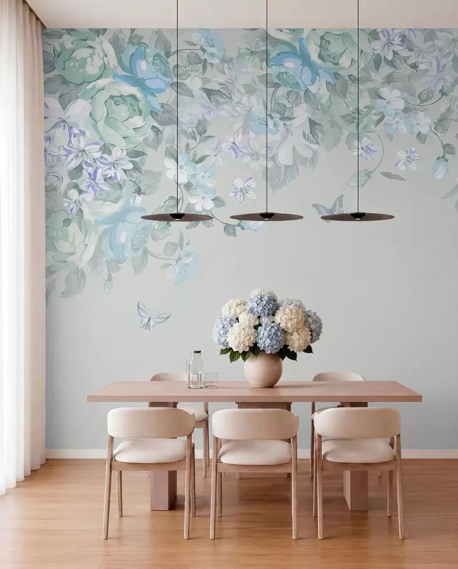 Wall Mural Photo Wallpaper Blue garden with flowers and butterflies u94295v1