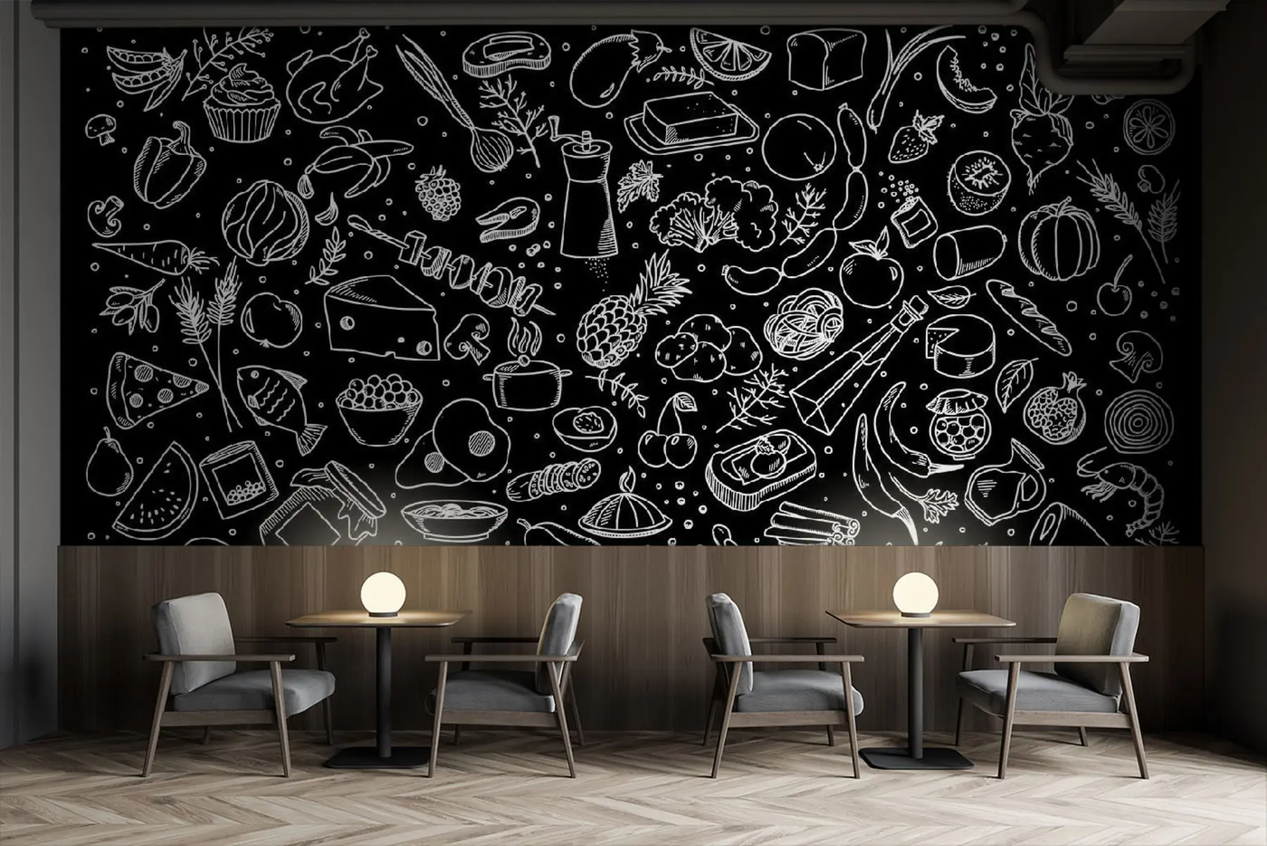 Wall Mural Photo Wallpaper Outlines of food on a black background u97432