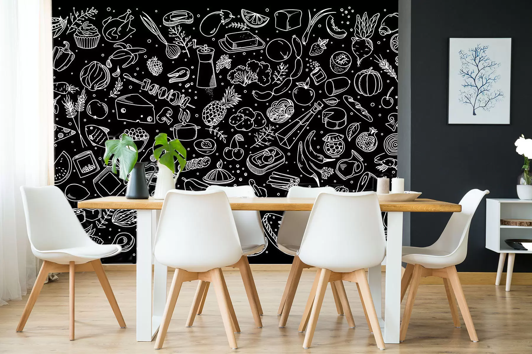 murales Contornos de alimentos sobre fondo negro u97432