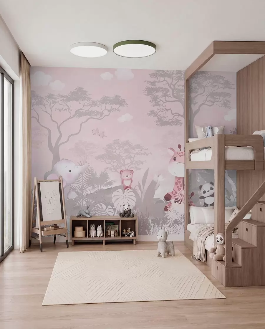 wall murals Cute little animals in the savana in pink colors u73878v3
