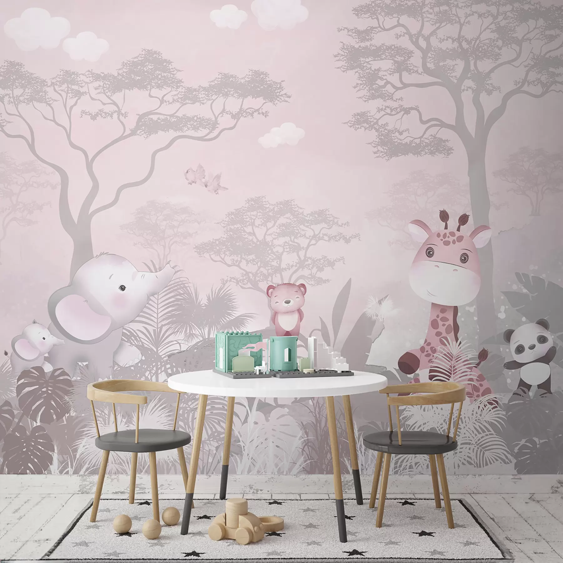 Wall Mural Photo Wallpaper Cute little animals in the savana in pink colors u73878v3