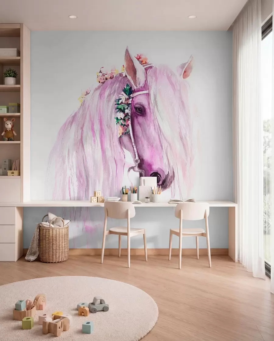 wall murals Blue horse with flowers in a mane in purple colors u93591v1