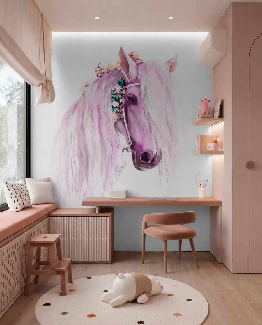 wall murals Blue horse with flowers in a mane in purple colors u93591v1